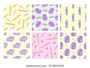 Set of seamless patterns with school stationery and books in flat style

