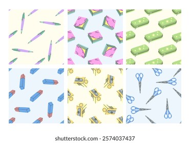 Set of seamless patterns with school stationery and office supplies in flat style

