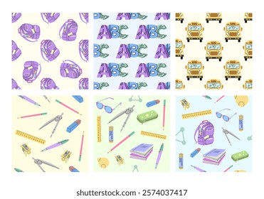 Set of seamless patterns with school supplies, backpacks and buses in flat style

