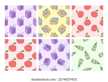 Set of seamless patterns with school supplies and apples in flat style

