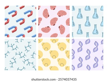 Set of seamless patterns with science and education symbols in flat style

