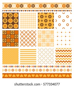 set of seamless patterns for scrapbook: lines, stripes, dots, zigzags, flowers, hearts