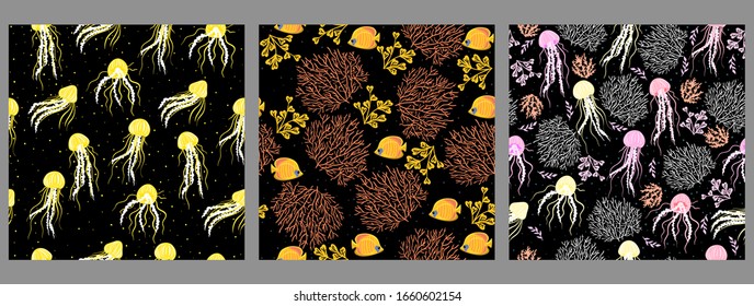 Set of seamless patterns with sea animals. Vector graphics.