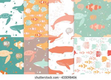 Set of seamless patterns with Sea animals. Vector illustration.
