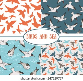 Set of seamless patterns. Sea and birds.
