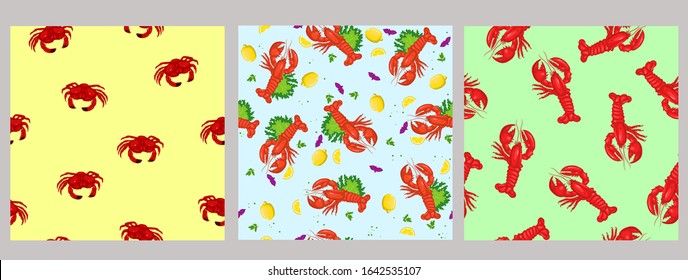 Set of seamless patterns with sea food. Vector graphics.