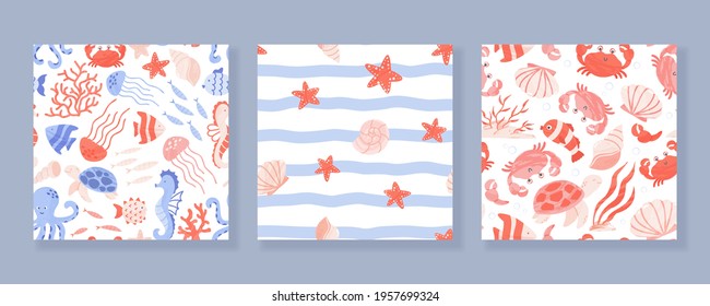 Set of seamless patterns with sea and ocean animals, corals and shells. Vector cartoon illustration.