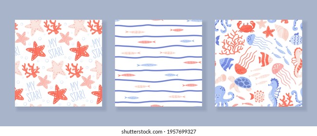 Set of seamless patterns with sea and ocean animals, corals and shells. Vector cartoon illustration.