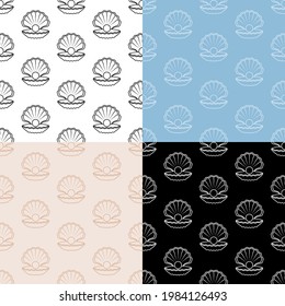 set of seamless patterns with sea shining pearl icon in open shell. Ornament for decoration and printing on fabric. Design element. Vector