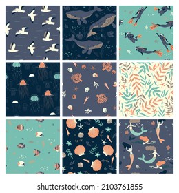 Set of seamless patterns with sea vibe. Vector graphics.