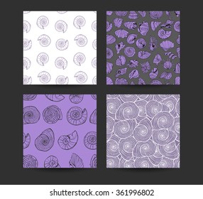 Set of seamless patterns with seashells.  Marine design.