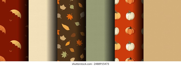 A set of seamless patterns with shades in the autumn palette. Colorful elements and texture of linen fabric. Pumpkins, umbrellas with canes, falling leaves. Harvesting. Thanksgiving Day.