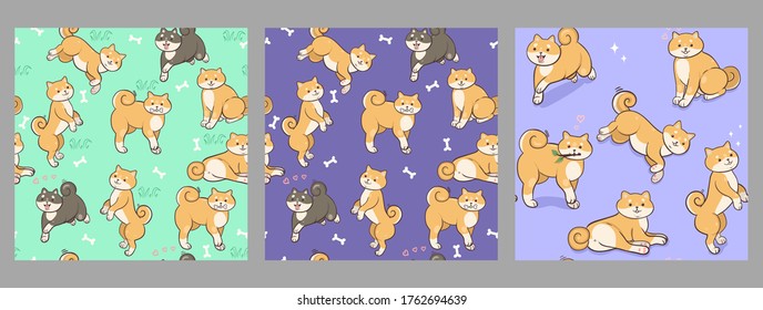 Set of seamless patterns with shiba inu. Vector graphics.