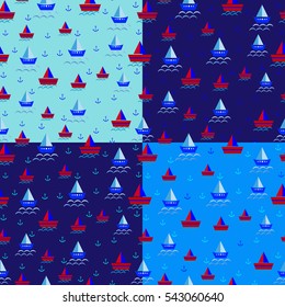 a set of seamless patterns with ships, anchor vector illustration