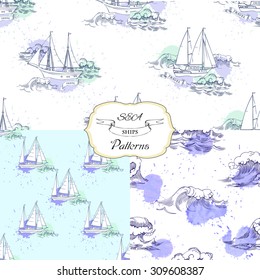Set seamless patterns with ships. Hand drawn patten with sea, ships, waves, and yacht.Vector Illustration