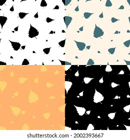 set of seamless patterns with silhouettes of Birch tree leaves. Ornament for decoration and printing on fabric. Design element. Vector