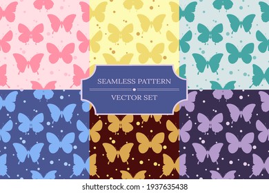 Set of seamless patterns with silhouettes of butterflies. Collection of vector illustrations for designing posters, cards, prints, stickers, wallpaper, fabric, textile, gift paper, scrapbooking