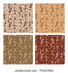 Set of seamless patterns with silhouettes of flowers and branches with leaves. Irises with large buds. Pattern for single brocade.