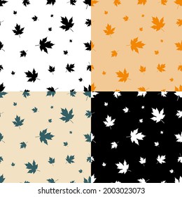 set of seamless patterns with silhouettes of maple tree leaves. Ornament for decoration and printing on fabric. Design element. Vector