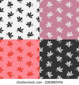 set of seamless patterns with Silhouettes of mythological angel of love Cupid. Cupid, boy with angel wings. Ornament for decoration and printing on fabric. Design element. Vector