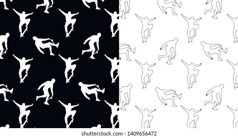 Set of seamless patterns with silhouettes and outline skateboarders on a black and white background. Skateboarding trick ollie, young guy riding a skateboard. Extreme sport vector illustration.