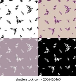 set of seamless patterns with silhouettes thin tradescantia liana grass leaves. Ornament for decoration and printing on fabric. Design element. Vector