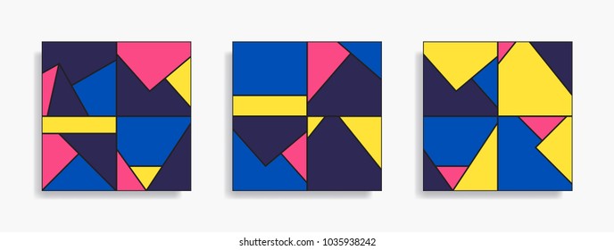Set of seamless patterns with simple geometric shapes. Abstract design composition. Colorful fashion background. Vector minimalistic illustration. Modern elegant wallpaper.