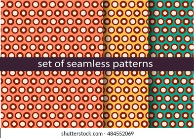 Set of seamless patterns with simple geometrical figures. Pale dark colors in hipster style with circle element