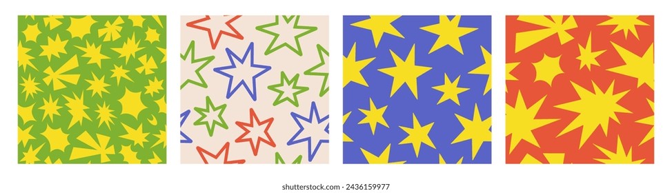 Set seamless patterns with simple groovy stars. Colorful kids print, printable childish texture for wallpaper, fabric, textile, wrapping paper. Vector illustration