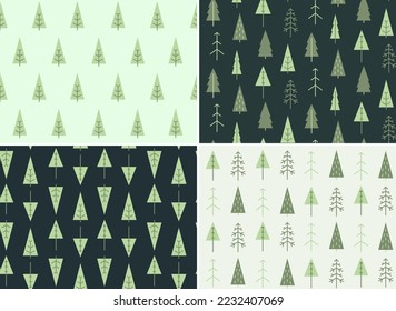 Set of seamless patterns with simple spruces. Christmas textures in flat style.