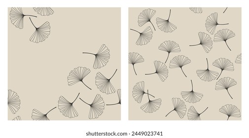 Set of seamless patterns with skeletonized ginkgo biloba leaves, veined, in black and beige. Vector illustration EPS10