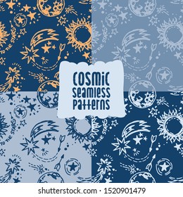 Set of seamless patterns with sketch style suns, comets, stars and planets, blue, silver and golden colors, vector illustration