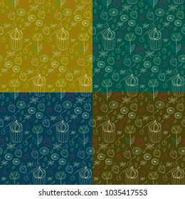 Set of seamless  patterns. Sketch vector pattern of a cake with strawberries, cherries, lemon slices, cinnamon, coffee beans and fantasy  flowers. 