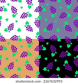 Set of seamless patterns with sketchy bunch of grapes and leaves. Ornament for decoration and printing on fabric. Design element. Vector