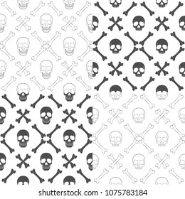 Set of seamless patterns with skull and bones. Vector black and white backgrounds.