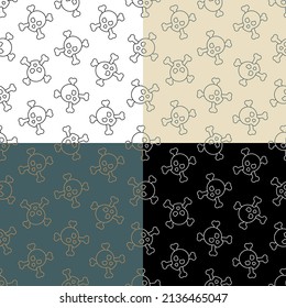 set of seamless patterns with Skull with crossbones, symbol of danger and threat to life and health. Ornament for decoration and printing on fabric. Design element. Vector