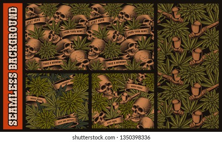 Set of seamless patterns with skulls and cannabis on a dark background. Each pattern is in a separate group