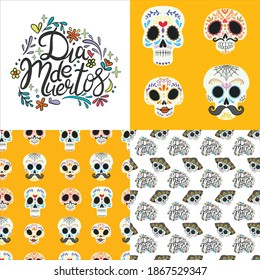 Set of seamless patterns with skulls, flowers and candles for Dia de los mueros (Day of the dead) and Halloween. Vector