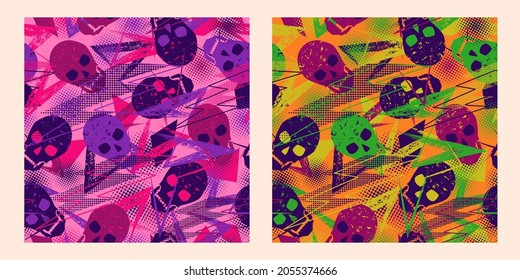 Set of seamless patterns with skulls, grunge paint brush stroke, lightning, dotted halftone shapes. Bright camouflage for apparel, fabric, textile, sport goods. Modern grunge texture.