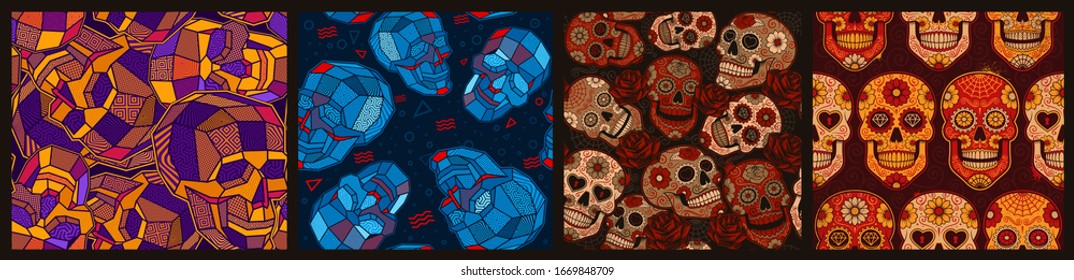 Set of seamless patterns with with skulls on the themes of Mexico, Low poly. Each pattern is in a separate group.