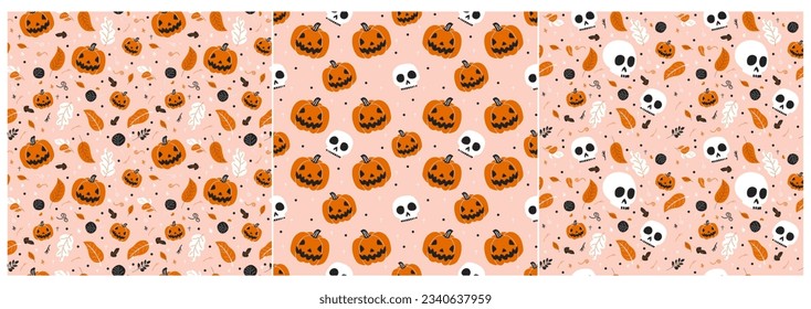 Set of Seamless patterns of skulls, pumpkins and flowers on pink background. Cute and funny festive Halloween template. Flat style illustration. Scandinavian hand drawn style for festive print 