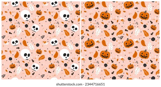 Set of Seamless patterns of skulls, pumpkins and flowers on pink background. Cute and funny festive Halloween template. Flat style illustration. Scandinavian hand drawn style for festive print	