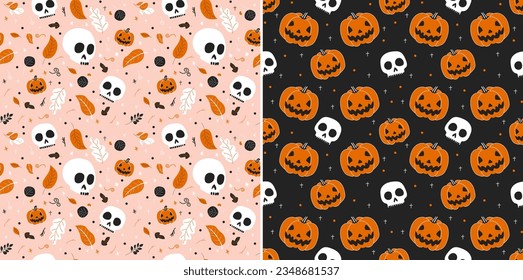 Set of Seamless patterns of skulls, pumpkins and flowers on pink background. Cute and funny festive Halloween template. Flat style illustration. Scandinavian hand drawn style for festive print