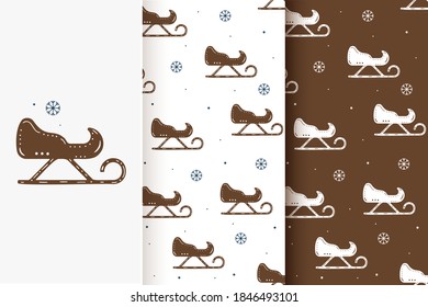Set of seamless patterns of sledges and snowflakes in flat style. Collection of cards with traditional Christmas elements.