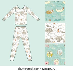 Set of seamless patterns with sleeping animals pajamas