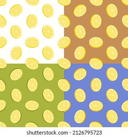 set of seamless patterns with sliced lemon rings. Lemon with chopped zest. Ornament for decoration and printing on fabric. Design element. Vector