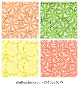 Set of seamless patterns, slices of citrus lemons, oranges, grapefruits and limes with overlay. Backgrounds, textiles, vector