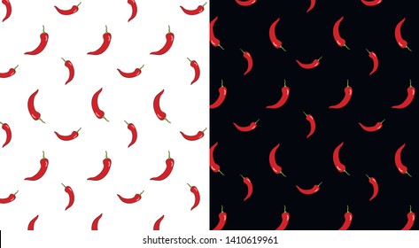 Set of seamless patterns of small red chili peppers with green tails on a black and white background. Vector illustration.