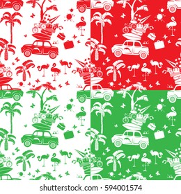 Set of seamless patterns with small retro travel car, luggage, palm trees, flamingo, red, green and white color backgrounds. Element for summer greeting, posters and t-shirts printing.