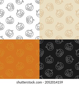 set of seamless patterns with smile Pumpkin fruit. Autumn Halloween pumpkins. Ornament for decoration and printing on fabric. Design element. Vector
